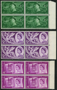 GREAT BRITAIN: 1958 (SG.567-69) British Empire & Commonwealth Games set in marginal blocks of 4, fresh MUH. (12).