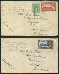 GIBRALTAR: 1935 (Nov) 2d surface-rate covers (2) to same addressee in Hobart, Tasmania; one franked with 2d Silver Jubilee, the other with KGV 1½d Rock + ½d KGV, both covers with Gibraltar "The Travel Key of the Mediterranean" slogan cancels.