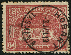 TASMANIA: 1905-11 (SG.254cb) Electroplate Wmk Crown/A 6d dull carmine-red, Perf.11, superb HOBART '3JAN13' datestamp, Cat £65. Scarce.