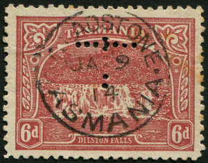 TASMANIA: Officials: 1905-11 (SG.254cb) Electroplate Wmk Crown/A 6d dull carmine-red, Perf.11 with 'T' puncture, fine GLADSTONE 'JA9/14' datestamp, some toning at right, Cat £65 (as an unpunctured stamp).