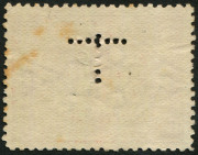 TASMANIA: Officials: 1905-11 (SG.254cb) Electroplate Wmk Crown/A 6d dull carmine-red, Perf.11 with 'T' puncture, fine GLADSTONE 'JA9/14' datestamp, some toning at right, Cat &pound;65 (as an unpunctured stamp). - 2