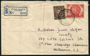 Australia: Postal History: Australia 1946 (Dec.5) cover to Australian Jewish Welfare Society (Melbourne) with adhesives tied by DOOKIE AGRIC. COLLEGE datestamp, DOOKIE COLLEGE blue on white registration label, DOOKIE transit backstamp.