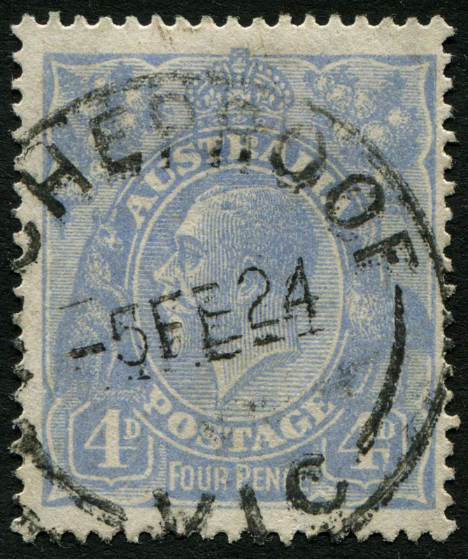 Australia: KGV Heads - Single Watermark: 1918-23 (SG.65) KGV Single Wmk Cooke Plates 4d Blue variety "Weeping '4'", WYCHEPROOF (Vic) datestamp, BW:112(2)f - Cat. $90.