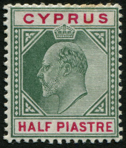 Cyprus: 1902-04 (SG.50w) KEVII Crown CA ½pi green & carmine WATERMARK INVERTED, some nibbed perfs at top,  MLH,  Cat. £170.