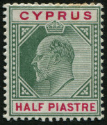 Cyprus: 1902-04 (SG.50w) KEVII Crown CA ½pi green & carmine WATERMARK INVERTED, some nibbed perfs at top,  MLH,  Cat. £170.