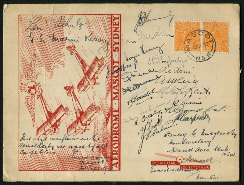 Australia: Aerophilately & Flight Covers: 30 Sept.1933 (AAMC.331) MASCOT AERIAL DERBY large red souvenir card signed by all the competing aviators. Spectacular. (Only 50 prepared). Pilot signatures include Mrs A.Lee Brown, Marni Kerry, Jean Gardiner, J.R.