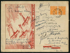 Australia: Aerophilately & Flight Covers: 30 Sept.1933 (AAMC.331) MASCOT AERIAL DERBY large red souvenir card signed by all the competing aviators. Spectacular. (Only 50 prepared). Pilot signatures include Mrs A.Lee Brown, Marni Kerry, Jean Gardiner, J.R.Palmer, Len Schultz, H.Broadbent, J.Pethybridge, F.Neale, J.Fleming & H.O.Durant. Cat.$550.