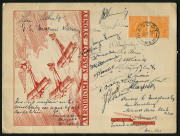 Australia: Aerophilately & Flight Covers: 30 Sept.1933 (AAMC.331) MASCOT AERIAL DERBY large red souvenir card signed by all the competing aviators. Spectacular. (Only 50 prepared). Pilot signatures include Mrs A.Lee Brown, Marni Kerry, Jean Gardiner, J.R.