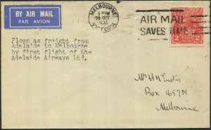 Australia: Aerophilately & Flight Covers: 30 Oct.1935 (AAMC.551) Adelaide - Melbourne flown cover, one of only 40 carried on the first flight by Adelaide Airways Ltd on their new route via Mt.Gambier, with pilot H.G. Kirkman; postmarked on arrival and sef-addressed by Nelson Eustis, then only 20 years old.