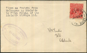 Australia: Aerophilately & Flight Covers: 30 Oct.1935 (AAMC.552) Melbourne - Adelaide flown cover, one of only 50 carried on the first flight by Adelaide Airways Ltd on their new route via Mt.Gambier, with pilot H.G. Kirkman; postmarked on arrival and self-addressed by Nelson Eustis, then only 20 years old.