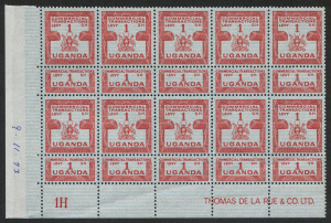 KENYA, UGANDA & TANGANYIKA: (UGANDA) REVENUE: 1962-81 (Barefoot 4) 1/- red Commercial Transactions Levy, Imprint block of (10) stamps from Plate 1H, all with intact counterfoil tabs and with printer's date annotation "9.11.73" in margin at left. Superb MUH. Ex De La Rue Archives.