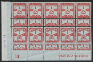 KENYA, UGANDA & TANGANYIKA: (UGANDA) REVENUE: 1962-81 (Barefoot 4) 1/- red Commercial Transactions Levy, Imprint block of (10) stamps from Plate 1H, all with intact counterfoil tabs and with printer's date annotation "9.11.73" in margin at left. Superb MU