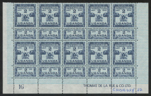 KENYA, UGANDA & TANGANYIKA: (UGANDA) REVENUE: 1962-81 (Barefoot 5) 2/- blue-grey Commercial Transactions Levy, Imprint block of (10) stamps from Plate 1G, all with intact counterfoil tabs and with printer's annotation "GHD16427/22" in margin at base. Superb MUH. Ex De La Rue Archives.