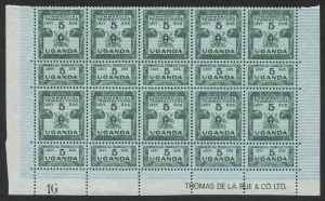 KENYA, UGANDA & TANGANYIKA: (UGANDA) REVENUE: 1962-81 (Barefoot - UNLISTED) 5/- deep green Commercial Transactions Levy, Imprint block of (10) stamps from Plate 1G, all with intact counterfoil tabs. Superb MUH. Ex De La Rue Archives. 