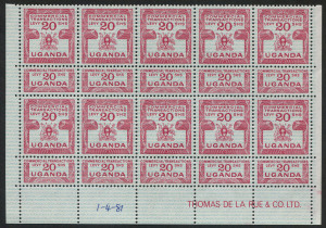 KENYA, UGANDA & TANGANYIKA: (UGANDA) REVENUE: 1962-81 (Barefoot - UNLISTED) 20/- deep red Commercial Transactions Levy, Imprint block of (10) stamps, all with intact counterfoil tabs and with printer's date annotation "1-4-81" in lower margin. Superb MUH. Ex De La Rue Archives.