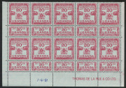 KENYA, UGANDA & TANGANYIKA: (UGANDA) REVENUE: 1962-81 (Barefoot - UNLISTED) 20/- deep red Commercial Transactions Levy, Imprint block of (10) stamps, all with intact counterfoil tabs and with printer's date annotation "1-4-81" in lower margin. Superb MUH.