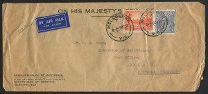 Australia: Postal History: 1934 (Oct 9) Department of Defence (Melbourne) OHMS long airmail envelope to Inspector of Aerodromes, Darwin, with 2d Vic Centenary & SMult KGV 3d P14 Type B perf 'OS' tied by MELBOURNE/7/9OCT34' datestamps, slightly crumpled right edge, otherwise fine.