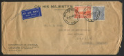 Australia: Postal History: 1934 (Oct 9) Department of Defence (Melbourne) OHMS long airmail envelope to Inspector of Aerodromes, Darwin, with 2d Vic Centenary & SMult KGV 3d P14 Type B perf 'OS' tied by MELBOURNE/7/9OCT34' datestamps, slightly crumpled ri