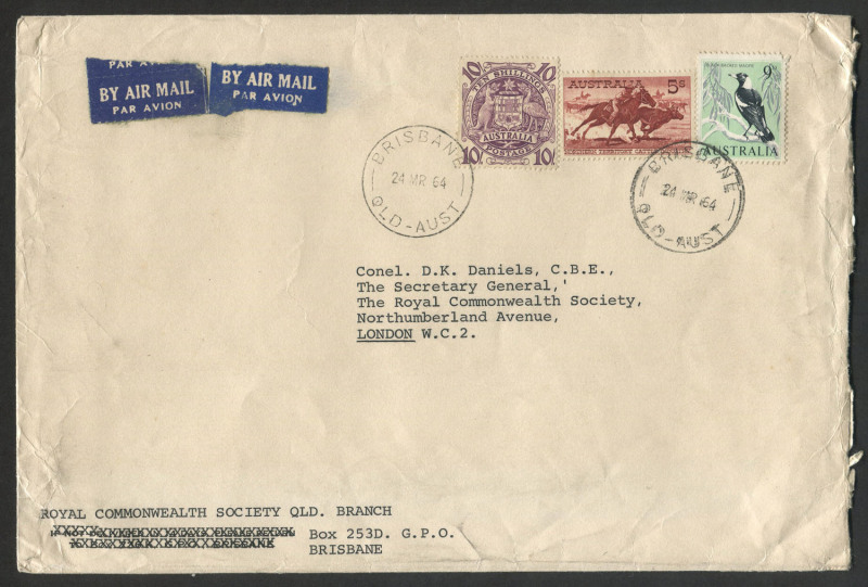 Australia: Postal History: 1964 (Mar.24) Royal Commonwealth Society 15/9d (2/3d x9) nontuple rate cover to England with 10/- Arms, 5/- Cattle & 9d Magpie tied by BRISBANE '24MR64' datestamps, typed address.  Attractive & scarce commercial franking.