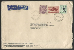 Australia: Postal History: 1964 (Mar.24) Royal Commonwealth Society 15/9d (2/3d x9) nontuple rate cover to England with 10/- Arms, 5/- Cattle & 9d Magpie tied by BRISBANE '24MR64' datestamps, typed address. Attractive & scarce commercial franking.