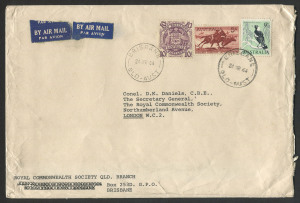 Australia: Postal History: 1964 (Mar.24) Royal Commonwealth Society 15/9d (2/3d x9) nontuple rate cover to England with 10/- Arms, 5/- Cattle & 9d Magpie tied by BRISBANE '24MR64' datestamps, typed address.  Attractive & scarce commercial franking.