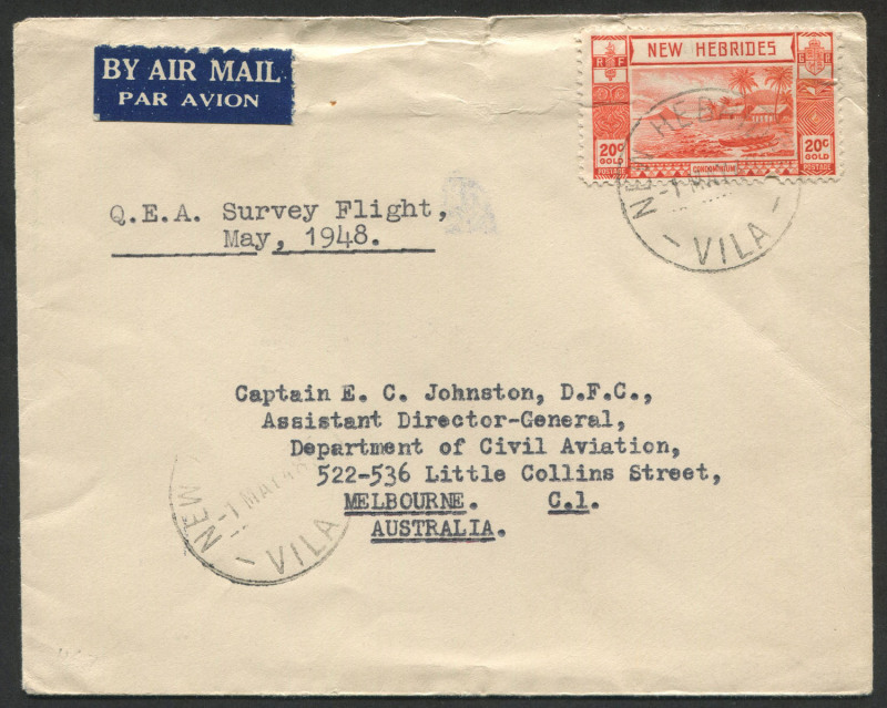 AUSTRALIA: 30 April - 4 May 1948 (AAMC.1167) Vila (New Hebrides) - Sydney flown cover carried by QANTAS Catalina on a survey flight of a new service; commanded by Captain J.L. Grey. The cover is addressed to Captain E.C. Johnston, Assistant Director-Gener