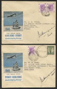 Australia: Aerophilately & Flight Covers: 26-30 June 1949 (AAMC.1218-19) Sydney - Hong Kong and Hong Kong - Sydney flown covers carried by QANTAS Skymaster on their first regular service, under the command of Captain J.M. Hampshire, who has signed both covers which also bear the attractive special vignettes used exclusively for these flights. Cat.$200.