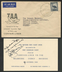 Australia: Aerophilately & Flight Covers: 21 Oct. 1948 (AAMC.1192) Melbourne - Sydney flown cover, carried by TAA on their inaugural flight by Convair-Liner "John Forrest" and accompanied by a souvenir card addressed to Hudson Fysh (CEO of QANTAS) and signed by Lester Brain (ex Chief Pilot of Qantas and first General Manager of TAA). (2 items).