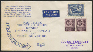 Australia: Aerophilately & Flight Covers: 5 June 1950 (AAMC.1246) Devonport - Melbourne flown cover, carried by TAA on the inauguration of this service by Convair-Liner "John Forrest"; piloted by Capt. James Hepburn. Very small mails and examples are almost never seen.