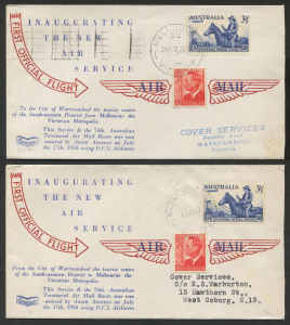 Australia: Aerophilately & Flight Covers: 17 July 1950 (AAMC.1247-48) Melbourne - Warrnambool & return flown covers, carried by Ansett Airways on the inauguration of this service using DC3 Airliners. Very small mails carried and examples are almost never seen. (2).