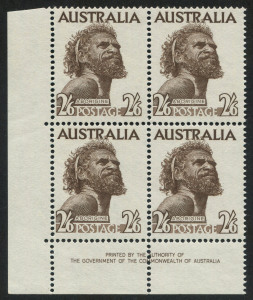 Australia: Other Pre-Decimals: AUSTRALIA: 1965 (SG.253ba) No wmk 2/6 sepia Emergency Printing, Authority Imprint blk.(4); superb MUH. BW.267z - Cat.$425.