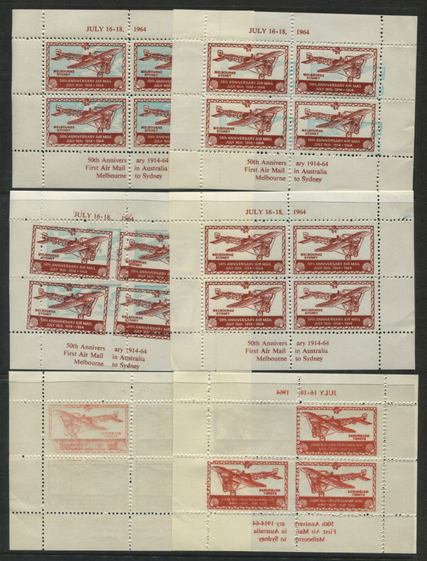 Australia: Aerophilately & Flight Covers: July 1964 (AAMC.1526a) Study of the sheetlet of 4 vignettes issued for the 50th Anniversary of the Melbourne - Sydney flight July 1914. The study comprises a normal sheetlet, a sheetlet with the blue dramatically