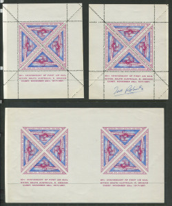 Australia: Aerophilately & Flight Covers: 23 Nov.1957 (AAMC.1379a) A study of the vignette for the 40th Anniversary of the 1917 Adelaide - Gawler airmail by R.G. Carey, comprises of a complete sheetlet of 4 (perf.), a sheetlet of 4 signed by the original pilot, a sheetlet of 4 signed by the designer, Ted Roberts; two IMPERFORATE sheetlets in an uncut pair; a 1967 50th Anniversary Opt sheetlet (AAMC.1619a); the 1977 60th Anniversary opts (AAMC.1830, 1830c & 1830e), and an unlisted 1997 80th Anniv