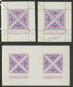 Australia: Aerophilately & Flight Covers: 23 Nov.1957 (AAMC.1379a) A study of the vignette for the 40th Anniversary of the 1917 Adelaide - Gawler airmail by R.G. Carey, comprises of a complete sheetlet of 4 (perf.), a sheetlet of 4 signed by the original 