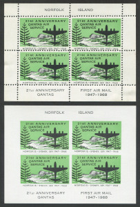 Australia: Aerophilately & Flight Covers: Sept.1968 (AAMC.1629a&b) Special vignettes in perforated & imperf sheetlets of 4 created to celebrate the 21st Anniversary of the first QANTAS Airmail flight to Norfolk Island & return. (2 sheetlets) MUH.