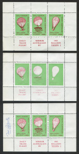 Australia: Aerophilately & Flight Covers: BALLOON POST: July 1966 (AAMC.B3a) Vignettes prepared for a Trans-Australia flight attempt by "Teijin 1": a complete sheetlet of 3 signed by the designer, Ted Roberts; another complete sheet, not signed and a third sheetlet with largely missing claret printing. (3 items). MUH.