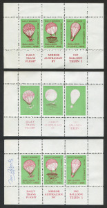 Australia: Aerophilately & Flight Covers: BALLOON POST: July 1966 (AAMC.B3a) Vignettes prepared for a Trans-Australia flight attempt by "Teijin 1": a complete sheetlet of 3 signed by the designer, Ted Roberts; another complete sheet, not signed and a thir
