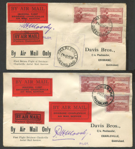 Australia: Aerophilately & Flight Covers: 17-22 Apr. 1927 (AAMC.132 & 133) Brisbane - Charleville and return flown covers, carried by QANTAS on its' inaugural flights on this route via Toowoomba and Roma; both with special vignette prepared for these flights. (2).