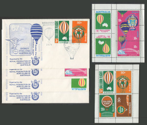 Australia: Aerophilately & Flight Covers: BALLOON POST: 31 Oct. 1974 (AAMC.B13,13a & 13b) Four different flown covers, each bearing different adhesives; plus the sheets or 4 and 5 vignettes. (6 items). 