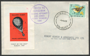 Australia: Aerophilately & Flight Covers: BALLOON POST: Aug.1969 (AAMC.B6) "Spirit of the West" flown cover with special vignette (black on red) and signed by the pilots, Jones and Dickson. With NORSEMAN arrival cds.