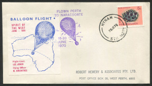 Australia: Aerophilately & Flight Covers: BALLOON POSTS: 18 June 1970 (AAMC.B7) Trans-Australia flight attempt, cover flown from RAAF P.O. Pearce W.A. to Naracoorte, S.A. on board the "Spirit of the West"; with special vignette and signed by the pilots, Jones & Greentree.