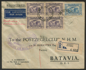 Australia: Aerophilately & Flight Covers: 22 May 1931 (AAMC.204) Registered cover from Bendigo flown to Batavia by the KLM Fokker "Abel Tasman" under the command of Captains M.P. Pattist and J. Moll, with special oval cachet. Franking includes a fine blk.4 of the 6d Kingsford Smith; with 27 May arrival backstamp.