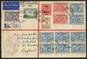 Australia: Aerophilately & Flight Covers: 22 May 1931 (AAMC.204) Registered cover from Unley S.A. flown to Batavia (and ultimately to LONDON) by the KLM Fokker "Abel Tasman" under the command of Captains M.P. Pattist and J. Moll, with special oval cachet. Franking includes a fine blk.6 of the 3d Kingsford Smith. Small opening faults at top, but an impressive cover. Cat.$150.