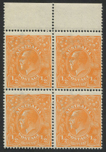 Australia: KGV Heads - Single Watermark: 1923 (SG.56) ½d Orange KGV Single wmk, upper marginal blk.(4) with variety BW:66(9)d "Thick upper frame at right", all units fresh MUH.