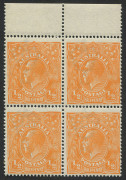 Australia: KGV Heads - Single Watermark: 1923 (SG.56) ½d Orange KGV Single wmk, upper marginal blk.(4) with variety BW:66(9)d "Thick upper frame at right", all units fresh MUH. 