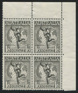 Australia: Other Pre-Decimals: 1956 (SG.224e) No wmk 1/6 black Hermes, upper right corner blk.(4) MUH. BW:262 - $80.