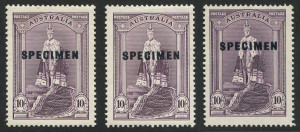 Australia: Other Pre-Decimals: AUSTRALIA: 1938 (SG.177s) 10/- Robes, overprinted SPECIMEN; (3) very lightly mounted examples.