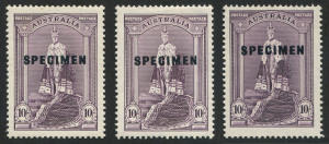 Australia: Other Pre-Decimals: AUSTRALIA: 1938 (SG.177s) 10/- Robes, overprinted SPECIMEN; (3) very lightly mounted examples. 