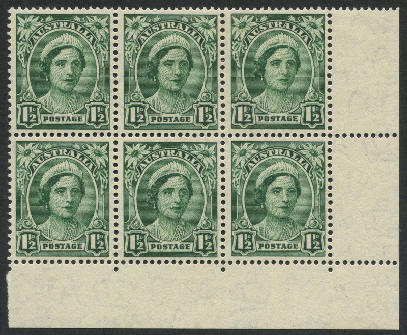 Australia: Other Pre-Decimals: AUSTRALIA: 1942 (SG.204) 1½d green Queen, lower right corner blk.(6) with variety "Coloured spot on base of left 2" [R9/6], MLH/MUH. BW.226e.