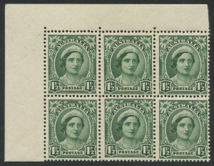 Australia: Other Pre-Decimals: 1949 (SG.229) 1½d green Queen (No wmk), upper left corner block (6) with variety at R2/2 "Misplaced impression", MUH/MLH. BW.227d.